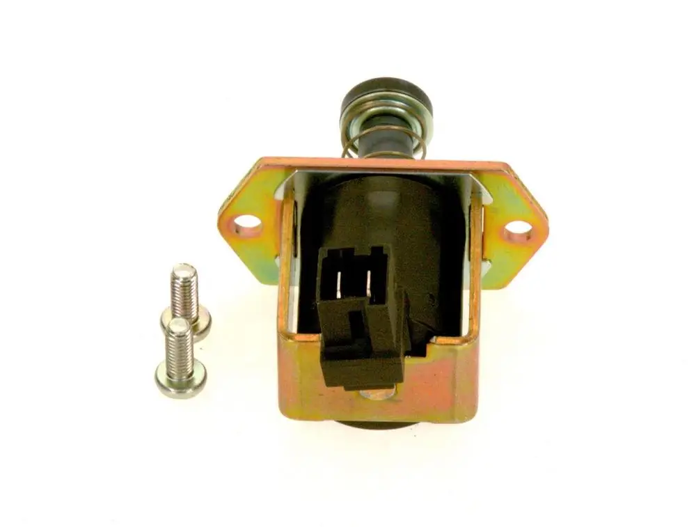 BOSCH Magnetventil mit schwarzem Kunststoffkörper und Metallrahmen. Neben zwei Schrauben, die zur Befestigung des Ventils dienen.